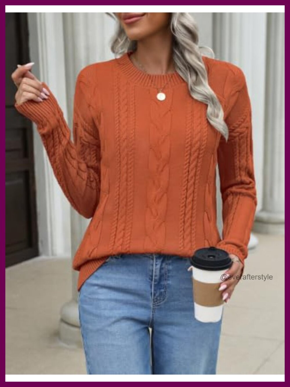 Women's Cable Knit Sweater Loose Fit Chunky Crew Neck Pullover Fall Winter - Picture 2 of 5